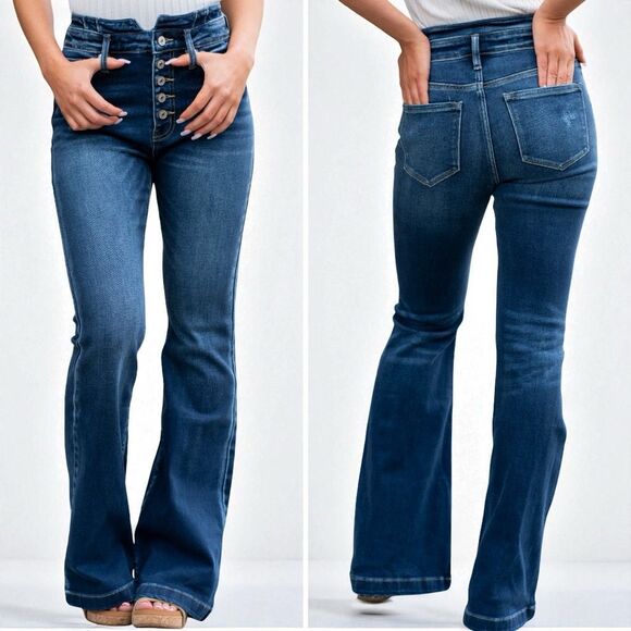 Kancan High Rise Curvy Dark Wash Button Fly Flare NWT - Picture 5 of 16